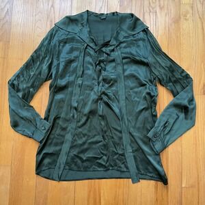 Vintage Leonie Blouse M Green Silk Tie Front V Neck Tunic Top Long Sleeve Boho